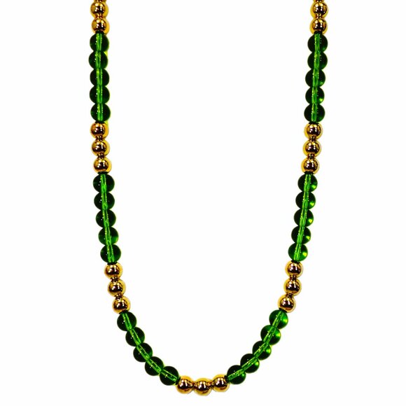 Colorful green glass and gold bead necklace  with all round beads - Picture 2 of 9